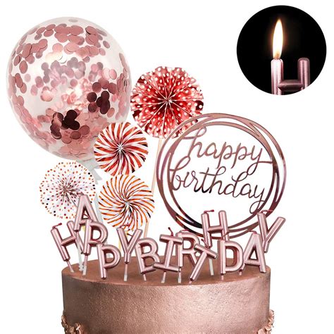 Movinpe Rose Gold Cake Topper Decoration With Happy Birthday Candles Happy Birthday Banner