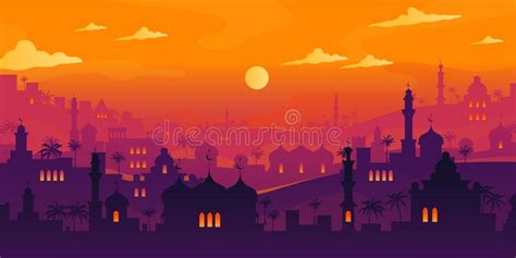 Arabian Cityscape Sunset Town Scenery Mosque And House Silhouettes