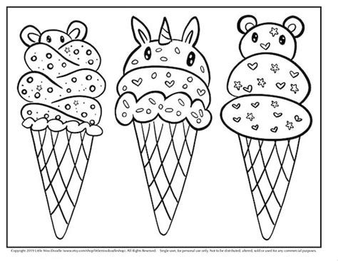 Ice Cream Trio Doodle Printable Cute Kawaii Coloring Page For Etsy
