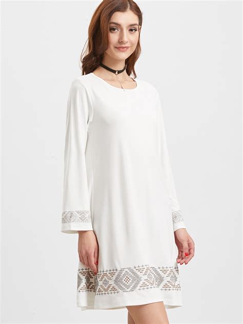White Embroidered Detail Long Sleeve Tunic Dressfor Women Romwe