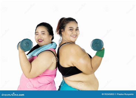 Fat Women Showing Their Muscles On Studio Stock Image Image Of Adult
