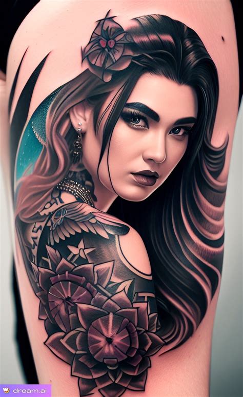 a woman with long hair and tattoos on her arm is shown in this tattoo design