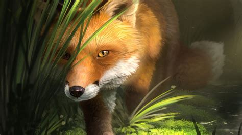 Download Wallpaper 1600x900 Fox Grass Art Animal Wildlife