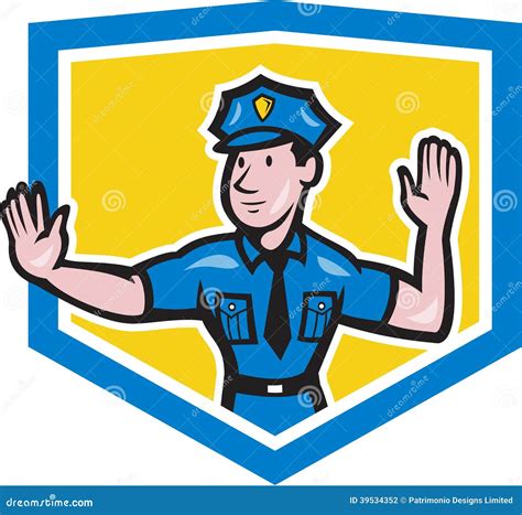 Traffic Policeman Stop Hand Signal Shield Cartoon Stock Illustration