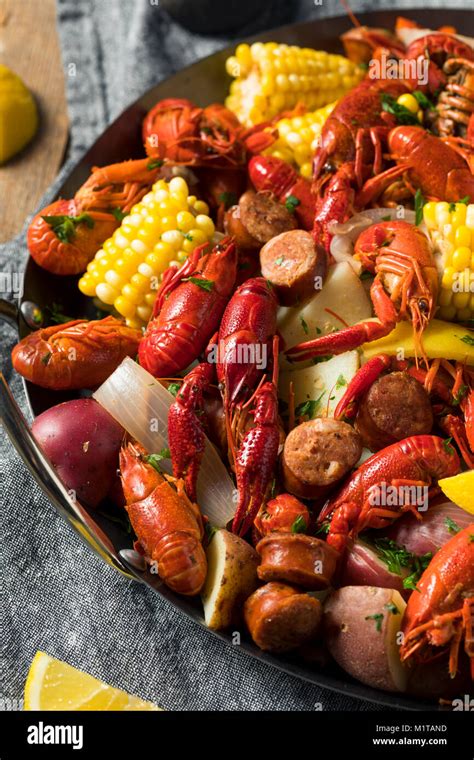 Homemade Southern Crawfish Boil With Potatoes Sausage And Corn Stock