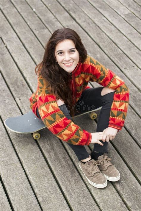 Beautiful Smiling Girl Sitting On Skateboard Urban Lifestyle Co Stock Image Image Of Skate