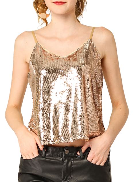 Unique Bargains Women S Sequin Sparkle Glitter Spaghetti Strap Crop Cami Tank Top