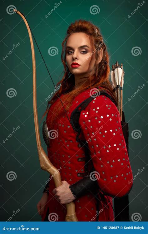 Female Warrior Posing With Bow And Arrows Stock Image Image Of