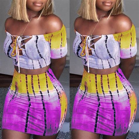 Sexy Women 2 Piece Outfits Set Off Shoulder Crop Top And Bodycon Mini Stripe Outfits Bodycon