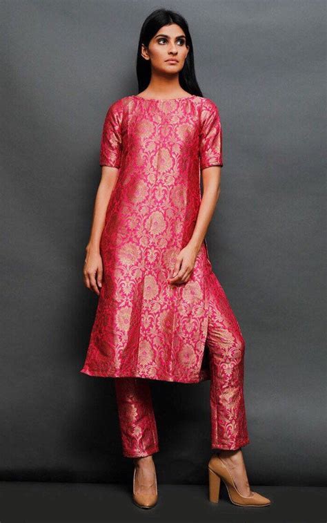 This bridal dress is the latest indian dress style with the western style. Pink pure brocade banarasi silk wedding reception salwar ...