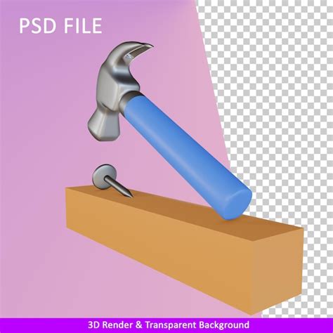 3d renderização de prego de martelo e ilustração de madeira PSD Premium