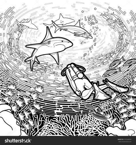 Coral reef drawn in a line art style. Graphic coral reef, scuba divers and sharks under the ...