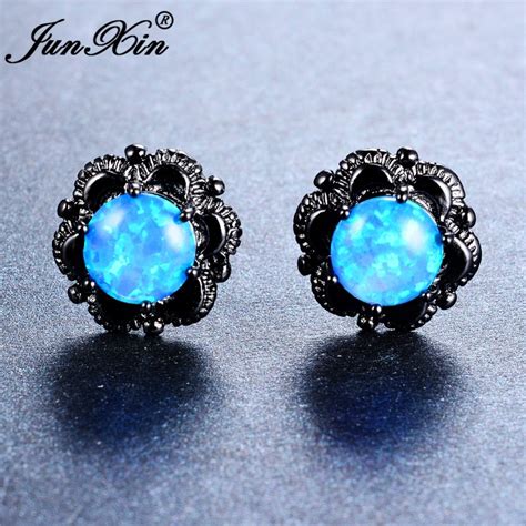 Junxin Luxury Female Blue Round Fire Opal Stud Earring Vintage Black