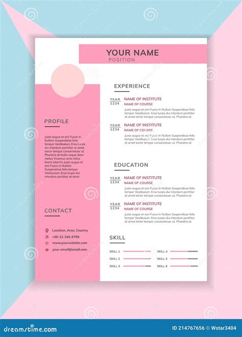 Feminine Resume Cv Template In Pink Color Vector Illustration