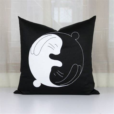 Handmade Embroidery Yin Yang Throw Pillow Covers Black White Cotton Pillow Covers Decorative