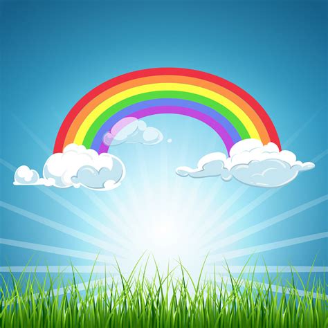 Vector Rainbow Clouds Blue Sky And Grass By Microvector Thehungryjpeg
