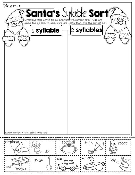 Some of the worksheets for this concept are syllable zoo, name example ddiiviiddeedd sssyylaabbllees 11, word baskets syllables activity, syllables work, rules for syllabication, syllable division rules, 1. Santa's Syllable Sort! | Christmas kindergarten, Christmas literacy kindergarten, Kindergarten ...