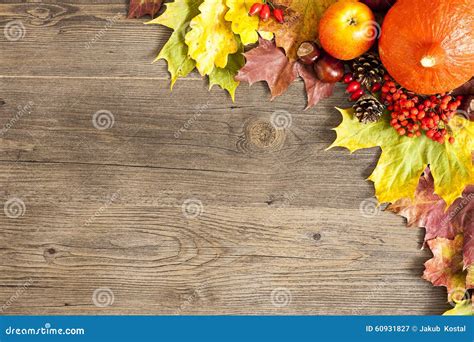 Color Autumn Leaves Over Wooden Background Stock Image Image Of