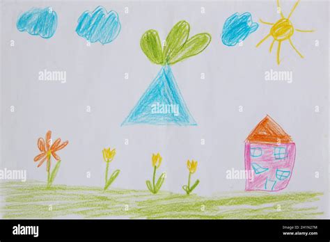 Childish Drawing Of House Clouds And Flower Bed Joy Summer Children