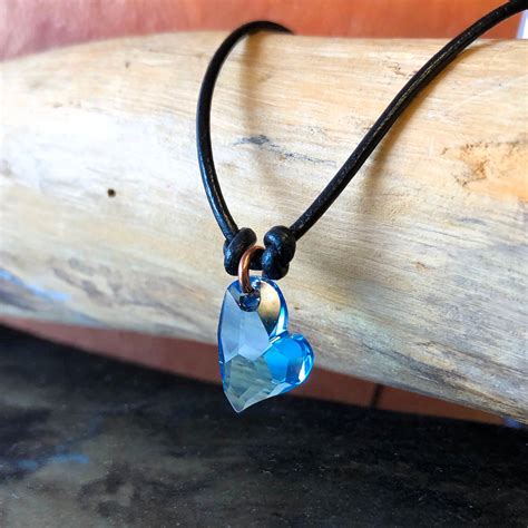 Light Blue Crystal Heart Necklace Heart Pendant Leather Etsy