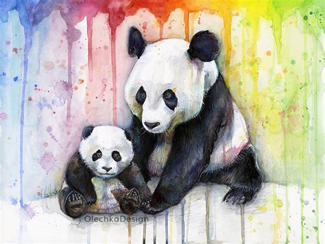 Pandas Watercolor Rainbow Panda Art Art Print Whimsical Etsy