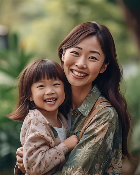 Premium Ai Image Smiling Asian Mother And Daughter Hugging Outdoors
