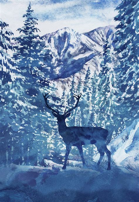 Winter Deer Buck Watercolor Pine Trees Forest Landscape Painting By