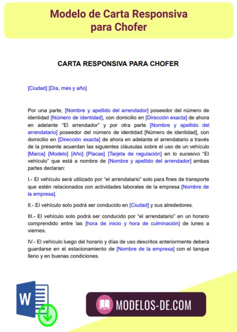 Modelo De Carta Responsiva Para Chofer En Word Gratis