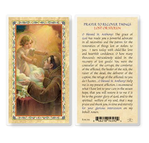 Prayer To Recover Lost Things Gold Stamped Laminated Holy Card 25