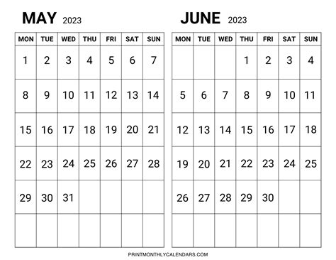 May June 2023 Calendar Template Free Printable Two Month Planners