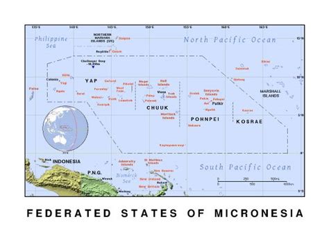 Подробная политическая карта Федеративных Штатов Микронезии с рельефом Микронезия Океания