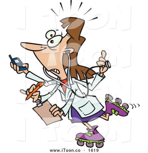 Cartoon Busy Caucasian Female Doctor With Four Arms Multi Tasking By