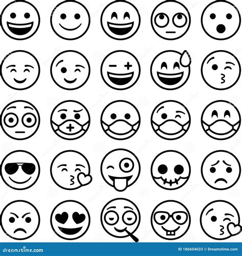 25 Smileys Emoticons Black Outline On White B Cartoon Vector