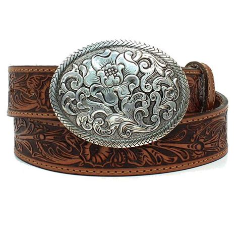 Cowhide leather and western accents create essential cowgirl style. Womens Western Floral Oval Buckle Belt