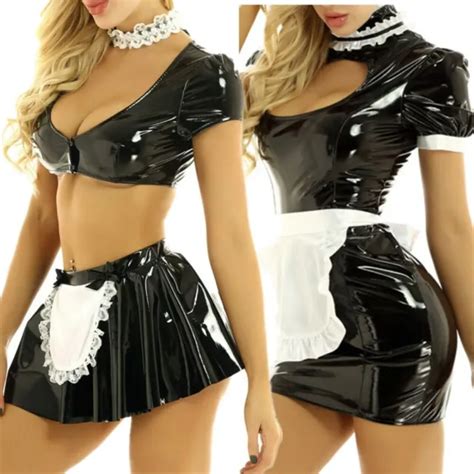 Sexy Womens Shiny Patent Leather French Maid Cosplay Fancy Dress Lingerie Set Picclick
