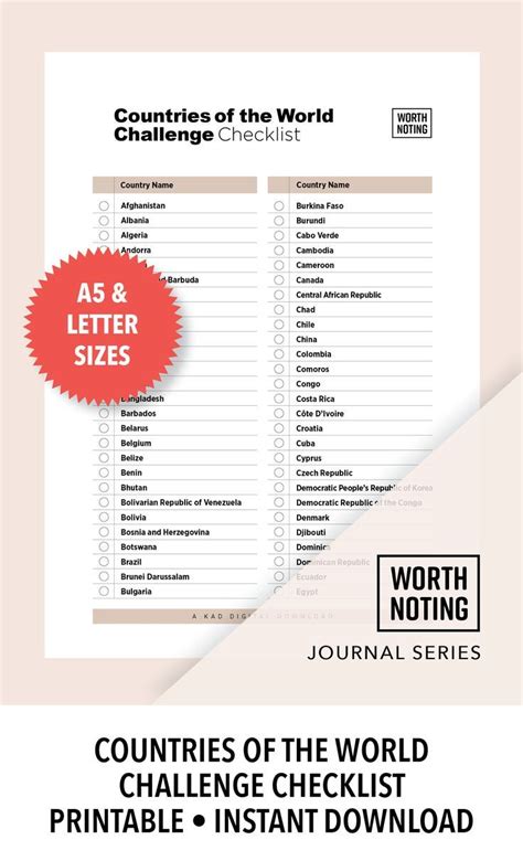 Travel Challenge Printable Checklist Countries Of The World Worth