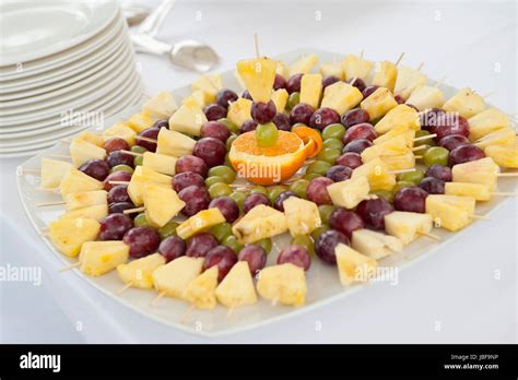 Buffet Table With Fruit Skewers Stock Photo Alamy
