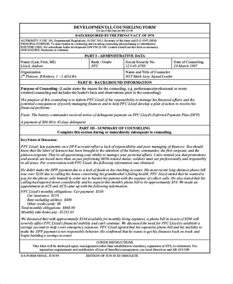 Initial Counseling Form Army Army Military