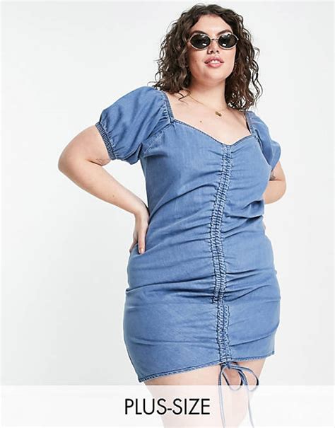Urban Bliss Plus Rouched Puff Sleeved Mini Dress In Blue Asos