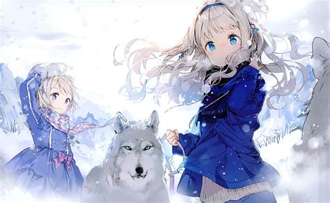 Art black and white wolf cool perfect hipster indie moon grunge galaxy stars beautifull luna teenager90s. HD wallpaper: Anmi, snow, wolf, scarf, long hair, winter, anime, anime girls | Wallpaper Flare