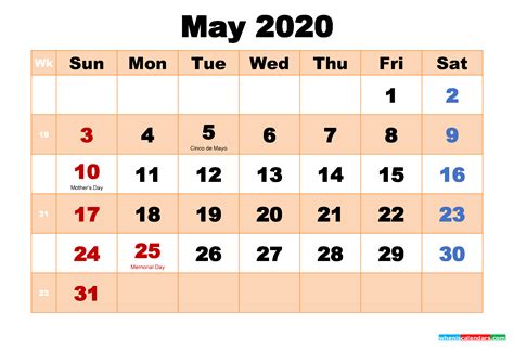 May 2020 Printable Calendar With Holidays