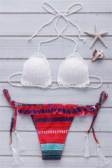 Stylish Halter Spliced Knitted Womens Bikini Set