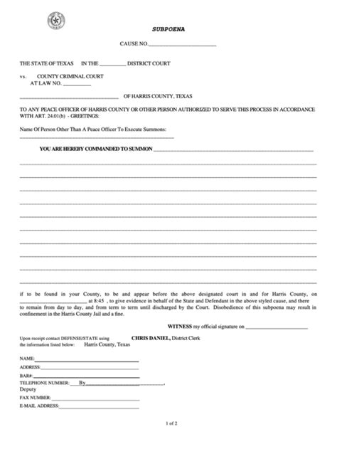 Fillable Subpoena Texas District Court Printable Pdf Download