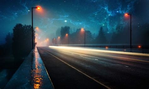 Night Summer City Road Nebula Abstract Night Landscape Rainy City