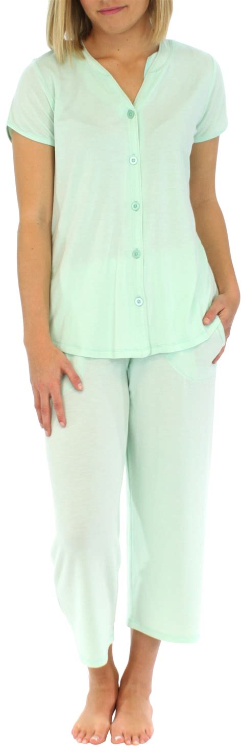 Pajamamania Women S Stretchy Knit Button Up Top And Capri Pajama Set
