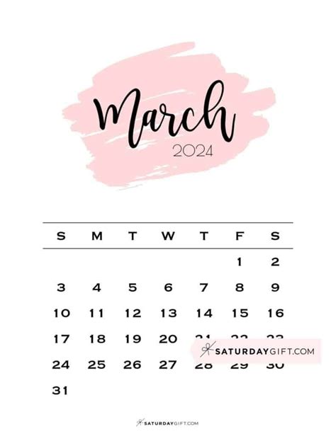03 Mar Monthly March 2024 Calendar Sunday Start Pink Paint