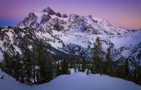 Wallpaper Snow Trees Sunset Mountains Mountain Shuksan The Cascade