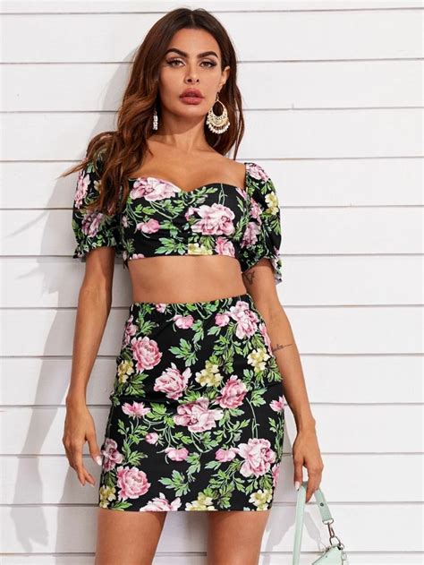 Shein Puff Sleeve Floral Print Crop Top And Bodycon Skirt Set Body Con Skirt Skirt Top Set