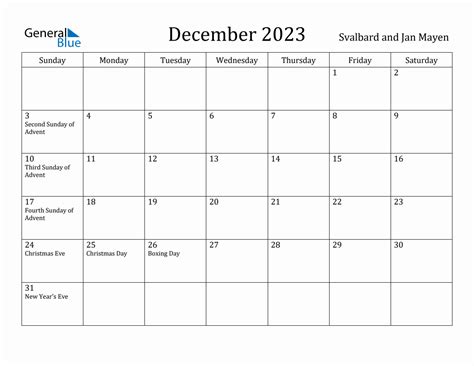December 2023 Monthly Calendar With Svalbard And Jan Mayen Holidays