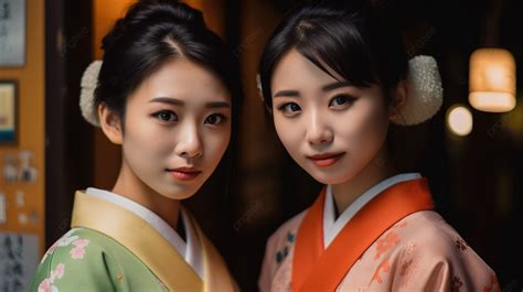 Fond Deux Jeunes Femmes En Tenue Japonaise Debout Devant La Cam Ra Fond